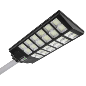 A LED street light with multiple panels mounted on a pole against a white background.