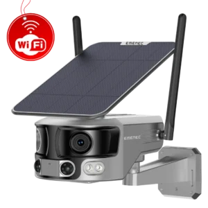 A solar-powered outdoor security camera with dual antennas, a wall mount, and a "WiFi" symbol indicating wireless connectivity.