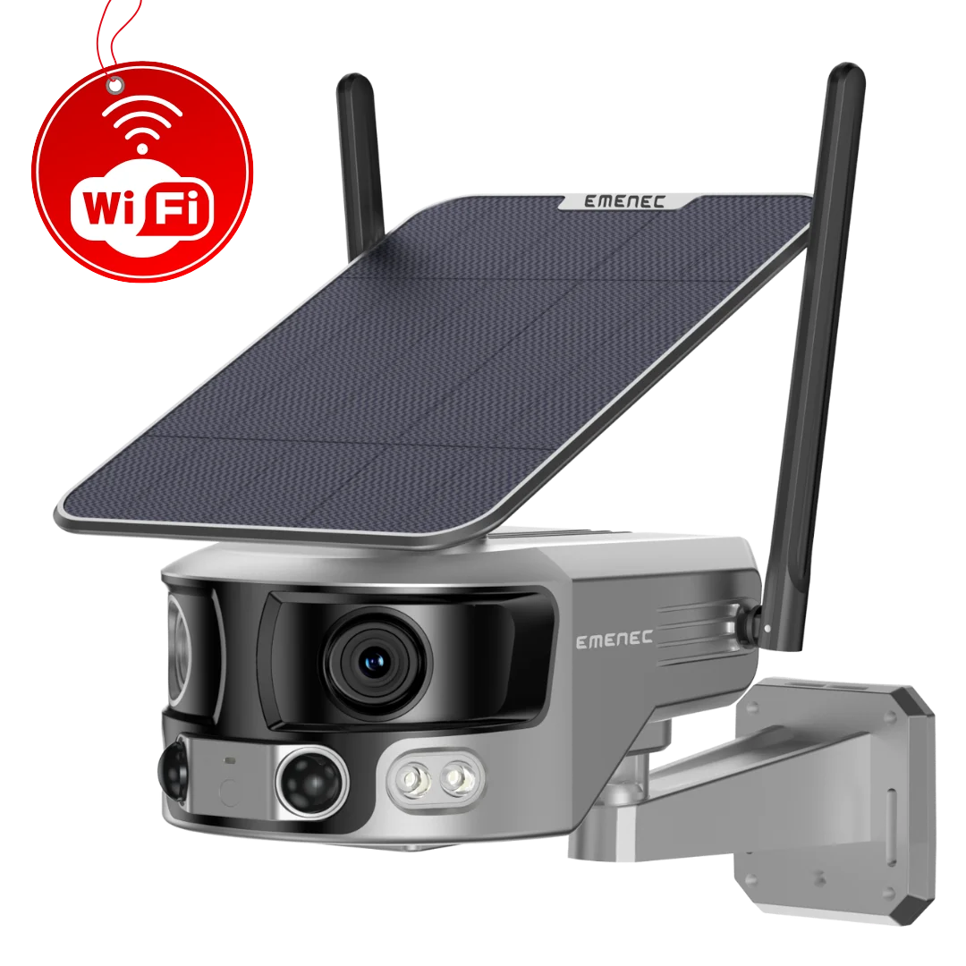 A solar-powered outdoor security camera with dual antennas, a wall mount, and a "WiFi" symbol indicating wireless connectivity.