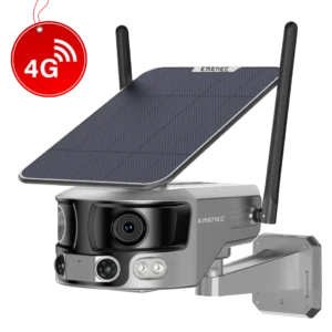 A solar-powered security camera with dual antennas, LED lights, mounted on a bracket, and labeled with a 4G connectivity icon.