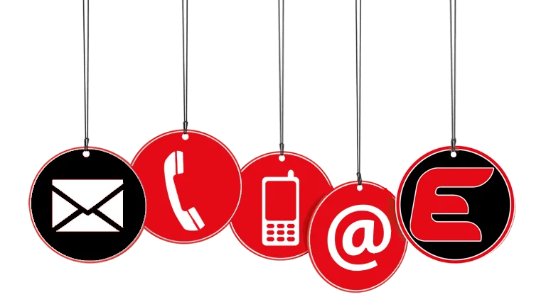 Five red and black hanging tags display icons for mail, telephone, mobile phone, email, and the letter E, representing different communication methods.