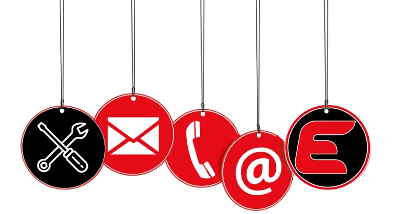 Five hanging circular icons display symbols for tools, email, phone, at sign, and the letter "E" on red and black backgrounds.