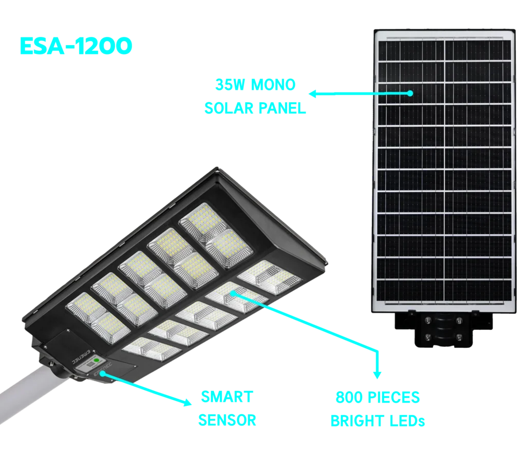 Solar-powered street light labeled ESA-1200 with a 35W mono solar panel, smart sensor, and 800 bright LEDs, shown from two angles with labeled features.
