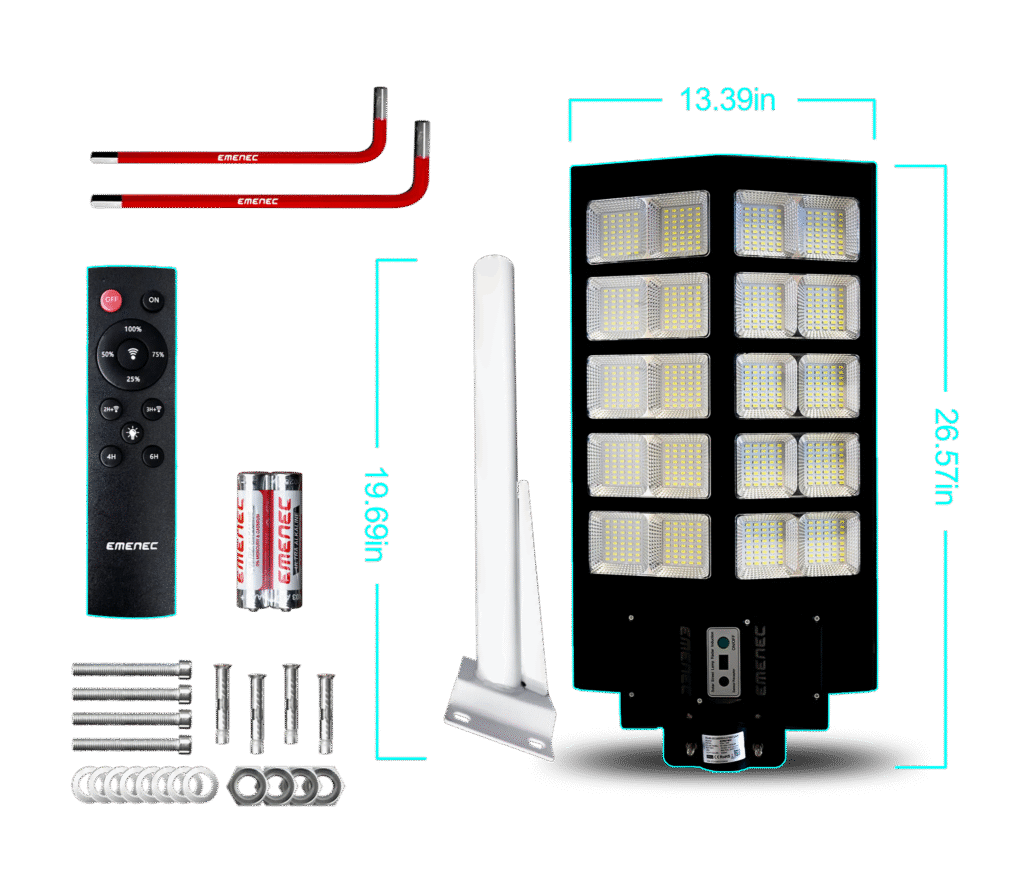 Outdoor LED street light kit with mounting poles, remote control, batteries, screws, washers, and bolts; product and component dimensions labeled in inches.