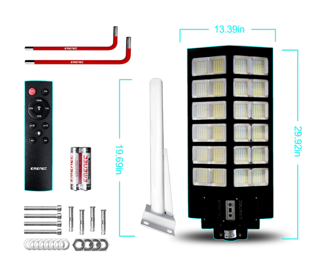 A street light kit is displayed with a lamp, remote control, batteries, mounting arm, screws, washers, and wall plugs. Dimensions of main parts are labeled in inches.