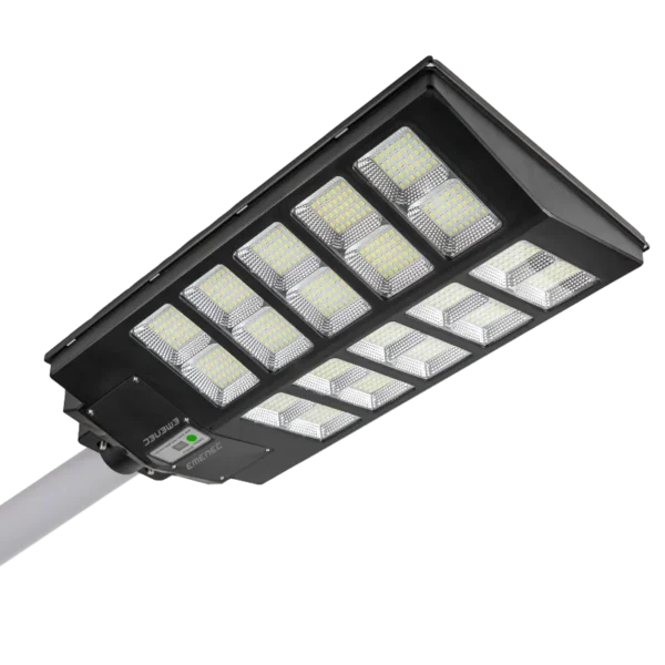 A rectangular LED street light with multiple illuminated panels is mounted on a pole against a white background.