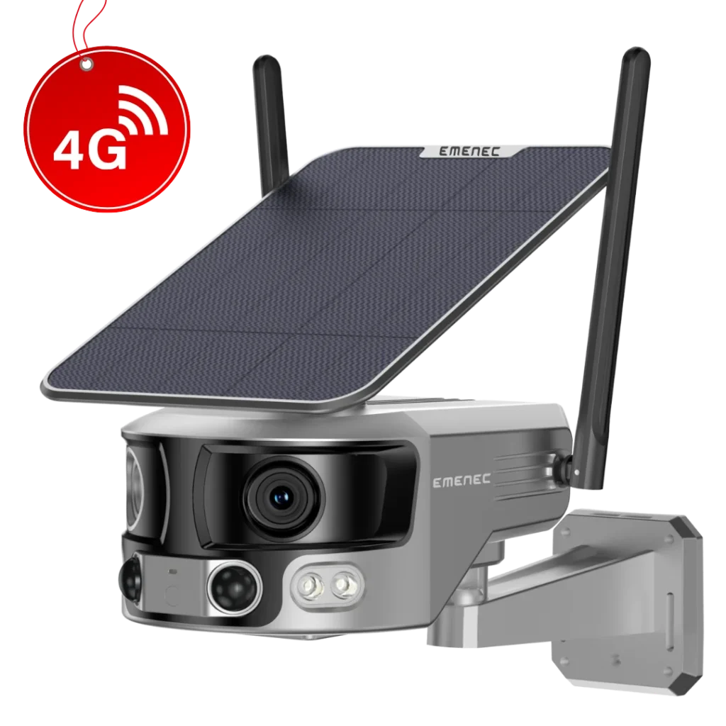 Outdoor security camera with dual antennas, a mounted solar panel, LED lights, and a visible "4G" connectivity symbol on the top left.