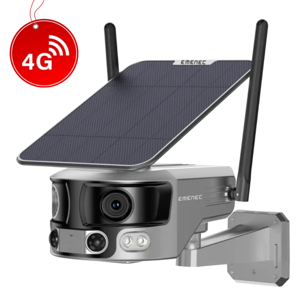 Outdoor security camera with dual antennas, a mounted solar panel, LED lights, and a visible "4G" connectivity symbol on the top left.