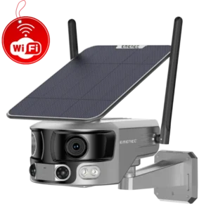 A solar-powered outdoor security camera with dual antennas, wall mount, LED lights, and WiFi capability.