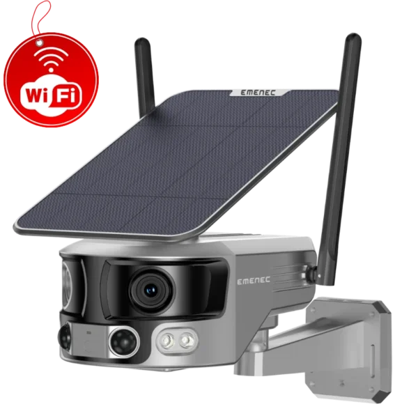 A solar-powered outdoor security camera with dual antennas, wall mount, LED lights, and WiFi capability.