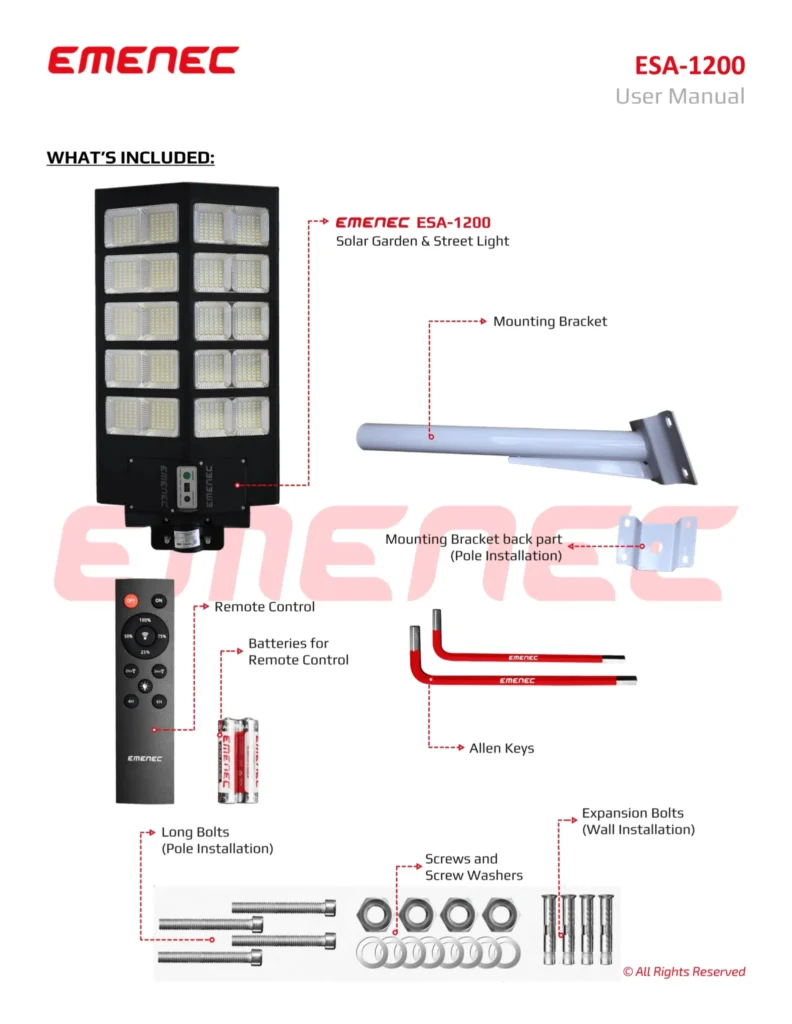 An EMENEC ESA-1200 solar garden and street light kit with mounting bracket, remote control, batteries, bolts, screws, washers, and Allen keys, shown with labels and images.