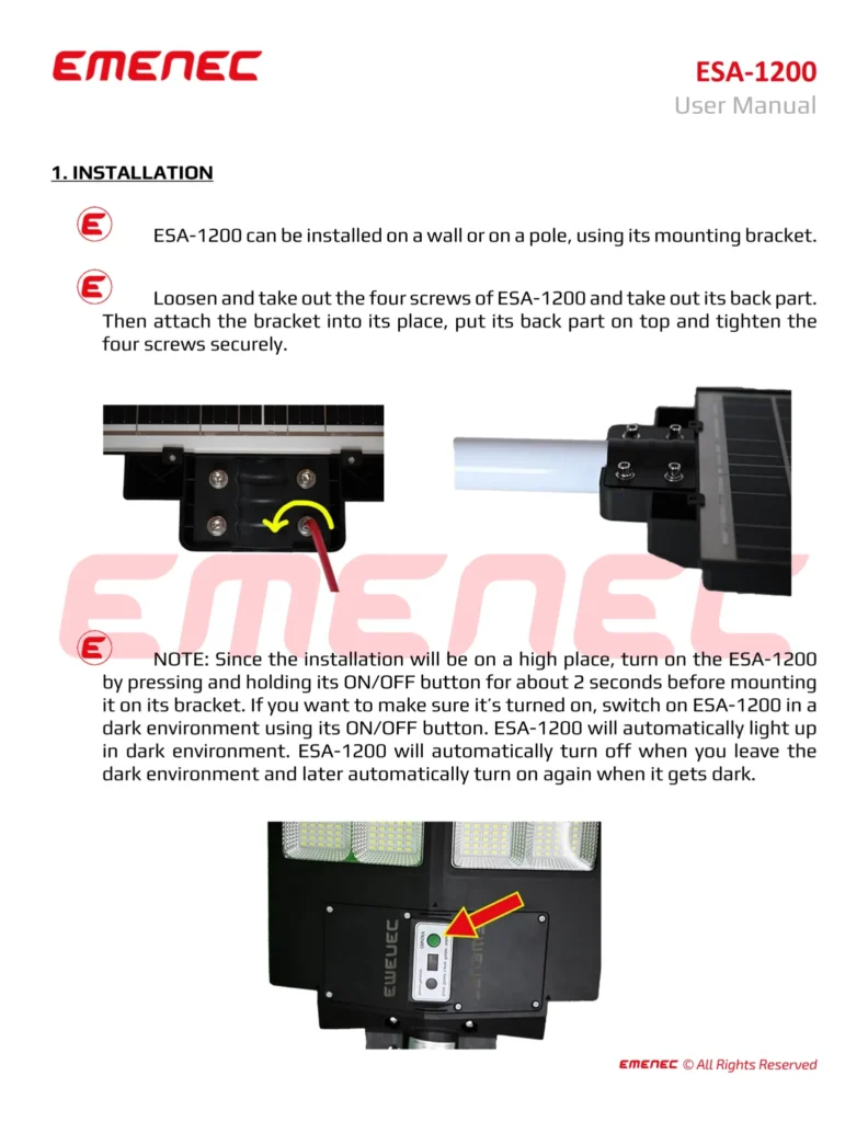 Instructional page showing how to mount and install the EMENEC ESA-1200 device, with labeled images and step-by-step guidance.