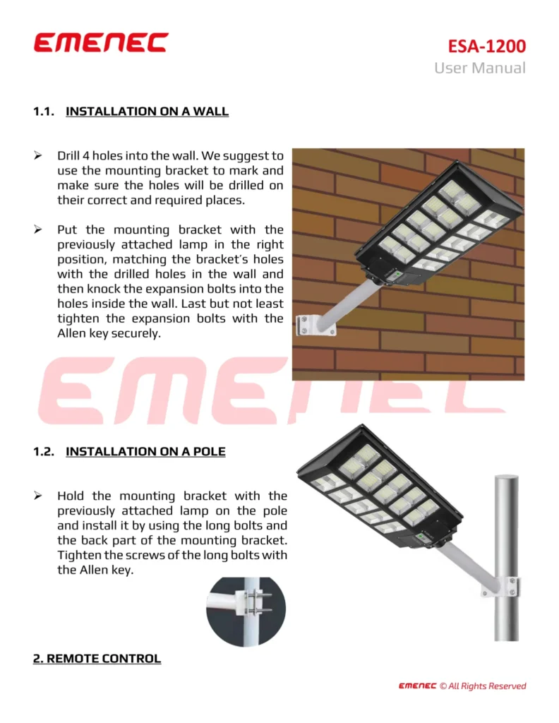 Installation instructions for the ESA-1200 lamp, showing diagrams for wall and pole mounting with labeled steps and required hardware.
