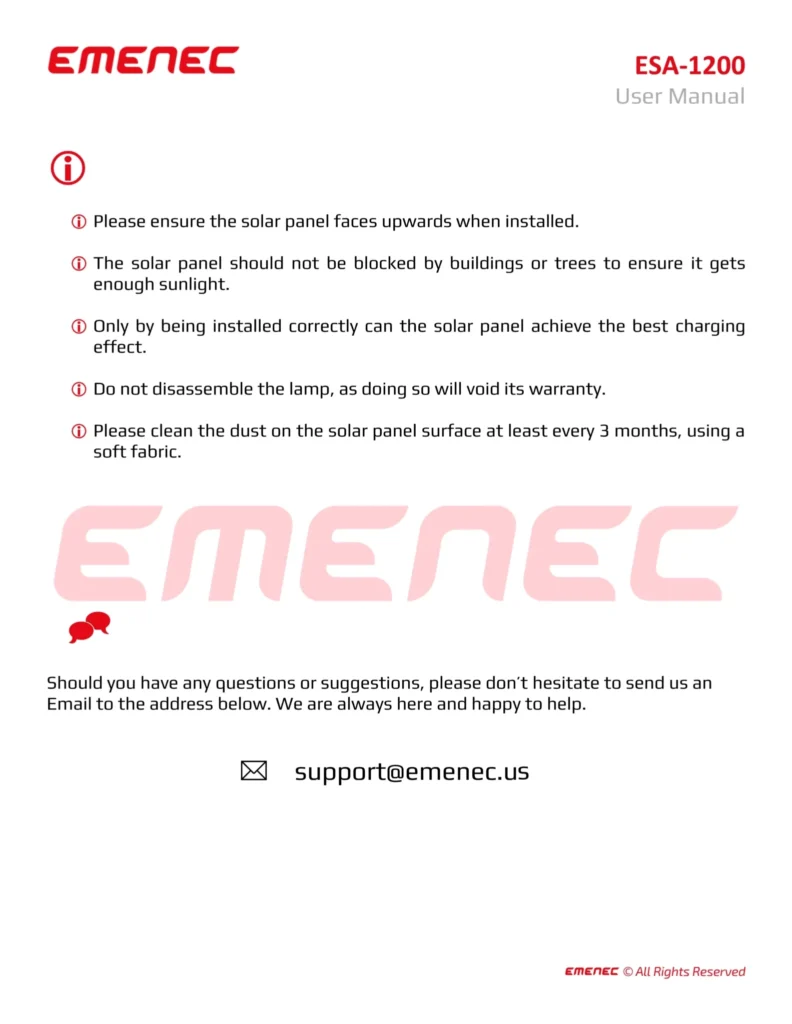 Instructions for installing and maintaining a solar panel, including panel positioning, cleaning, and warranty information, with contact email for support.