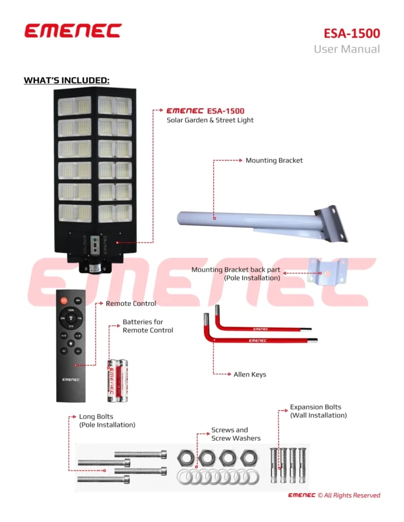 Contents of the EMENEC ESA-1500 solar garden and street light kit, showing the light, mounting bracket, remote, hardware, batteries, and tools.