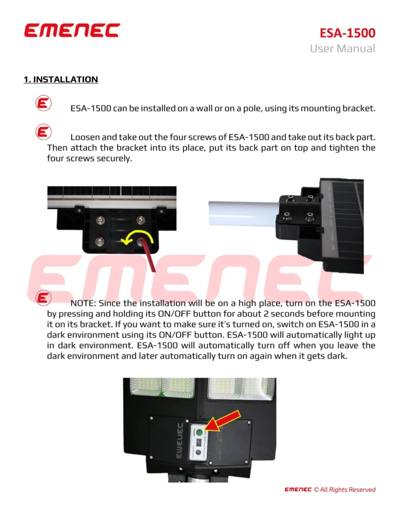 Illustrated instructions showing how to install the EMENEC ESA-1500 on a wall or pole using a mounting bracket, with step-by-step diagrams and safety note.