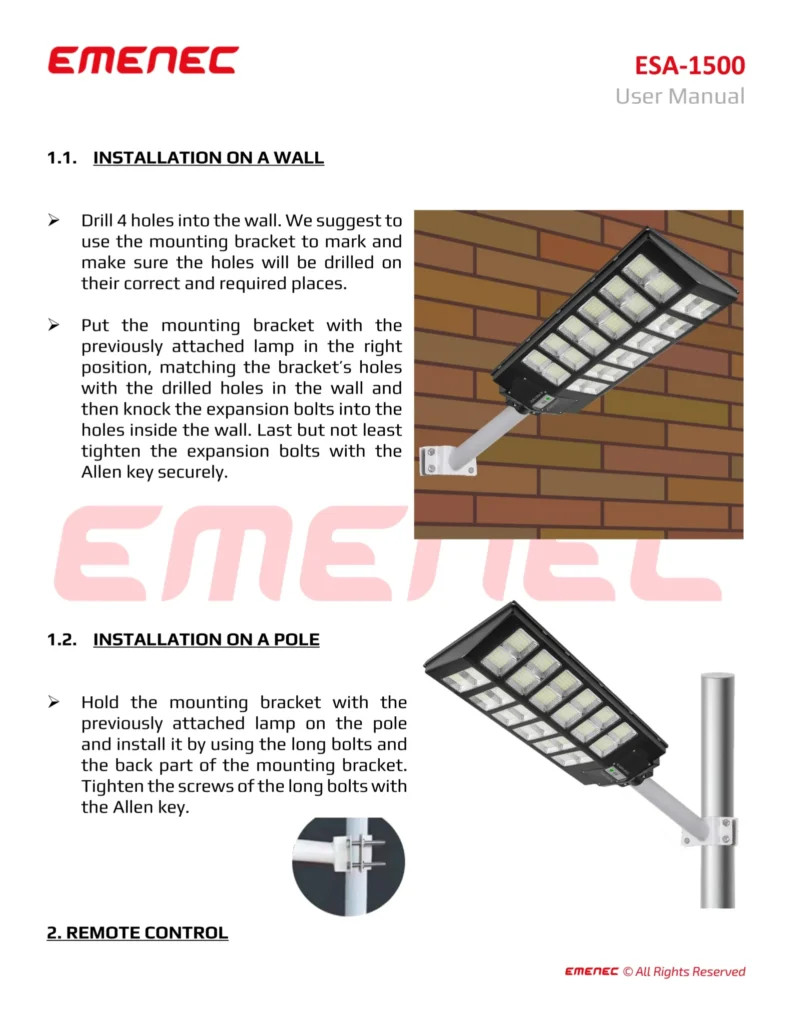 Instructional manual page showing steps with images for installing a rectangular floodlight on a wall or a pole, including drilling holes, tightening bolts, and attaching brackets.