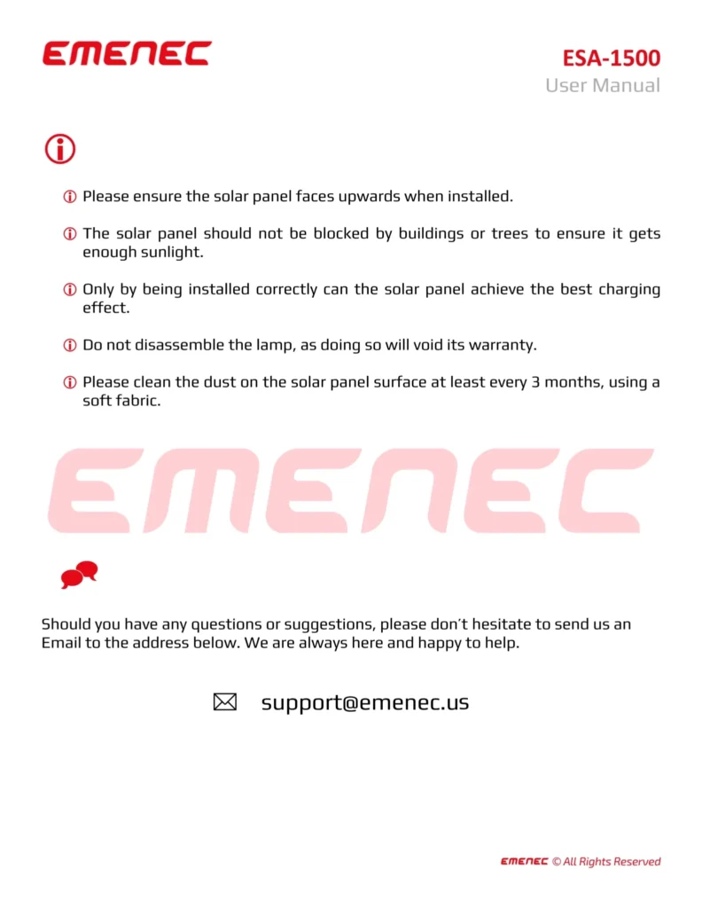 User manual instructions for the ESA-1500 solar panel lamp, including installation, cleaning, and support email contact information.