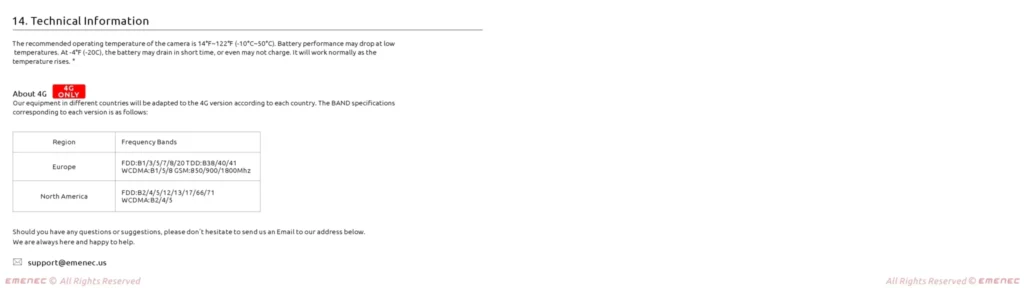 A technical information page shows the recommended battery temperature, a note about 4G CN/N version, a table of frequency bands by region, and contact email for support.