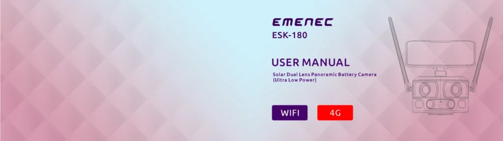 Cover page of the EMENEC ESK-180 user manual for a solar dual lens panoramic battery camera, showing WIFI and 4G icons, and an outline of the camera with antennas.