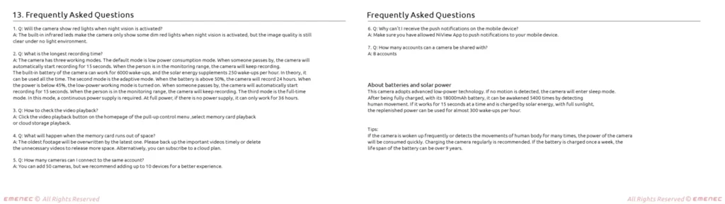 Two sections of frequently asked questions about camera solar lights are shown side by side, detailing answers about power usage, battery life, and mobile notifications.