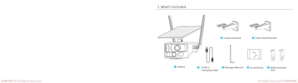 Illustration showing items included with a security camera: camera, two solar panel brackets, charging cable, hexagon wrench, screw packs, and wall mounting iron.