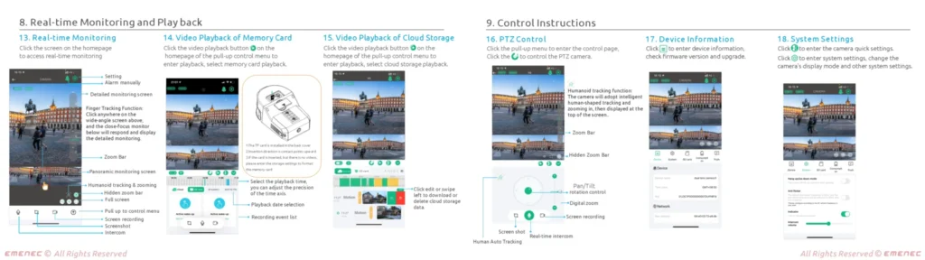 Screenshot of a user manual page showing instructions and screenshots for real-time camera monitoring, playback, PTZ control, device information, and system settings in a mobile app.