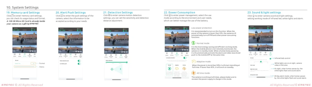 System settings guide for a mobile app, showing screenshots and brief explanations for memory, alert/push, detection, power, and sound/light settings.