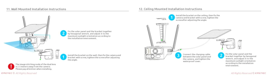 Diagram showing step-by-step wall and ceiling mounting instructions for a security camera with a solar panel, including bracket installation and angle adjustment.