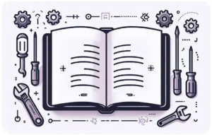 An open book is surrounded by various tools, such as a wrench, screwdriver, pliers, and gears, symbolizing practical knowledge or technical instructions.